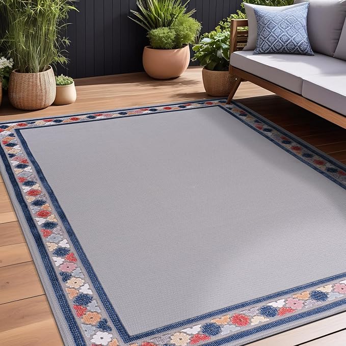 Beverly Rug Outdoor Rug 4x6 Modern Bordered Area Rugs for Indoor and Outdoor Patio Easy to Clean Non Shedding Living Room Porch Garden Washable Outside Carpet (4 x 6 Gray)-Ruum Studio Home