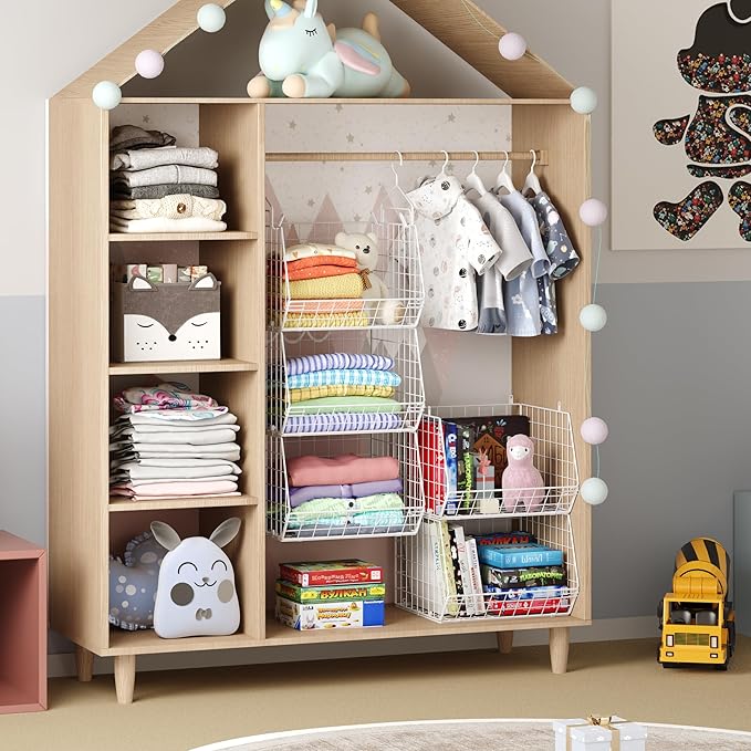 5 Tier Closet Hanging Organizer, Clothes Hanging Shelves with 4 Hanging Hooks 5 S Hooks, Wire Storage Basket Bins, for Clothing Sweaters Shoes Handbags Clutches Accessories Patent Design-White-Ruum Studio Home