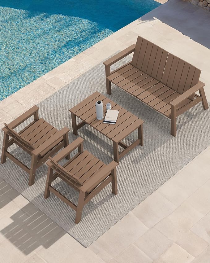 SERWALL Patio Coffee Table, HDPE Rectangle Outdoor Coffee Table, Brown-Ruum Studio Home