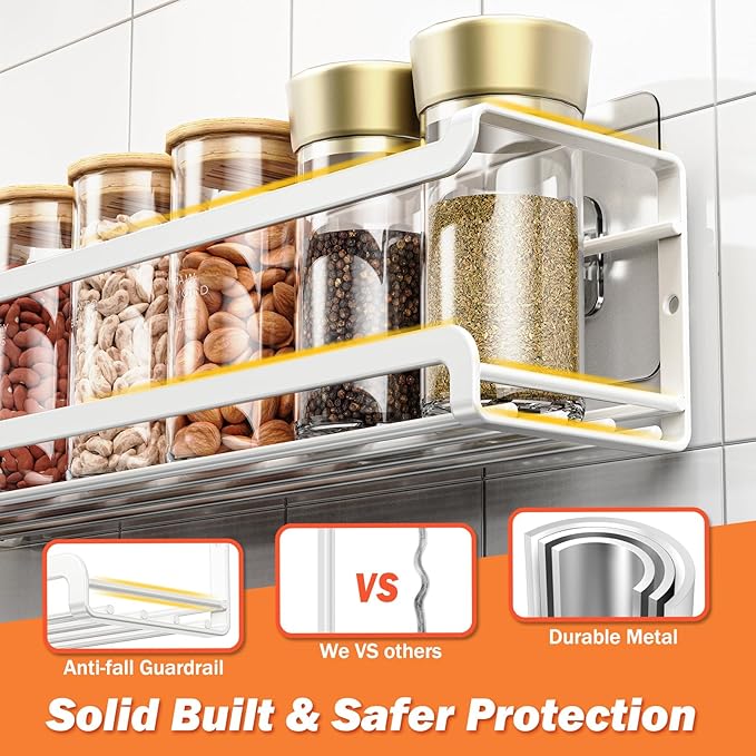 Spice Rack wall mounted 4 Pack, Space-Saving Spice Organizer for Spice Jars and Seasonings,Screw or Adhesive Hanging Spice Rack Organizer for Your Kitchen Cabinet,or Pantry Door,White-Ruum Studio Home