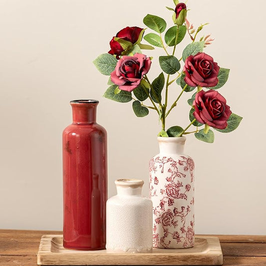Vintage Vase Set of 3, Ceramic Vintage Flower Vases, Chinoiserie Decorative Home Decor Retro Floral Vase Rustic Farmhouse Decor for Table Bookshelf Mantel Kitchen Living Room Office - Red and White-Ruum Studio Home