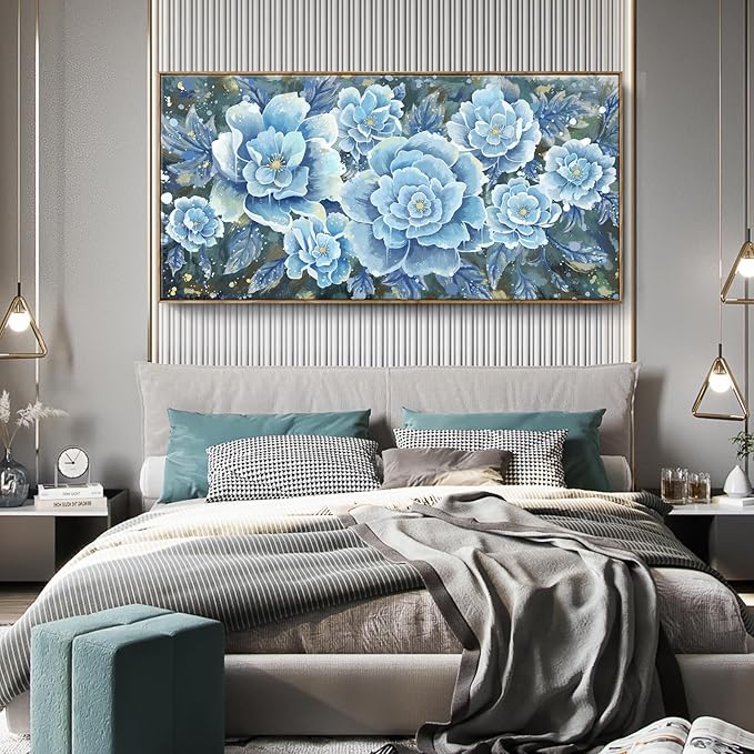 Extra Large Wall Art for Living Room, Framed Big Floral Blue Flower Canvas Print, Modern Oversized Blossom Peony Wall Picture Botanical Artwork for Dining Room Bedroom & Office Décor-Ruum Studio Home