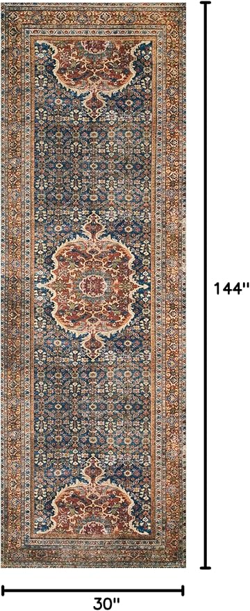Loloi Layla Collection LAY-09 Cobalt Blue/Spice 2'-6" x 12'-0" .13" Thick Runner Rug, Soft, Durable, Vintage Inspired, Distressed, Low Pile, Non-Shedding, Easy Clean, Printed, Living Room Rug-Ruum Studio Home