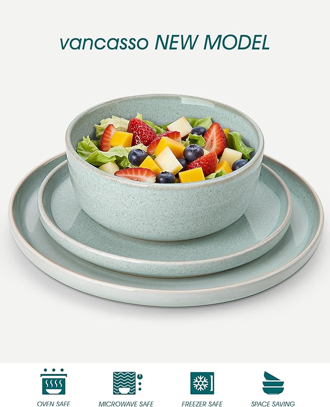 vancasso ANYA 24 Pieces Plates and Bowls Set, Mint Green Dinnerware Sets, Reactive Glaze Dishes Set for 8, Ceramic Dishware Sets Kitchen Dinner Set, Microwave & Dishwasher Safe-Ruum Studio Home