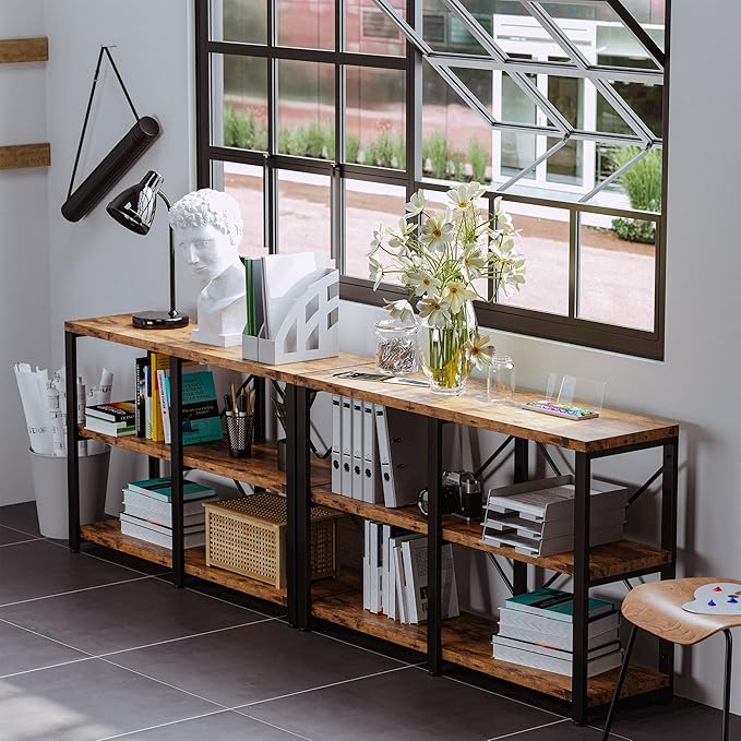 IRONCK Rustic Entryway Console Table, Long Hallway Table 47 in 3-Tier, TV Stand Entertainment Center Media Stand for Living Room, Industrial Style, Vintage Brown-Ruum Studio Home