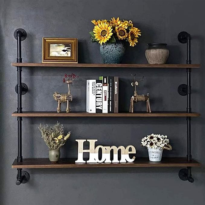 Industrial Pipe Wall Shelves Pipe Shelving with Real Wood Plank ,48 Inches Floating Shelves for Wall Farmhouse Pipe Book Shelves Dark Brown 3 Tier for Kitchen,Living Room Decor and Bar Shelving-Ruum Studio Home