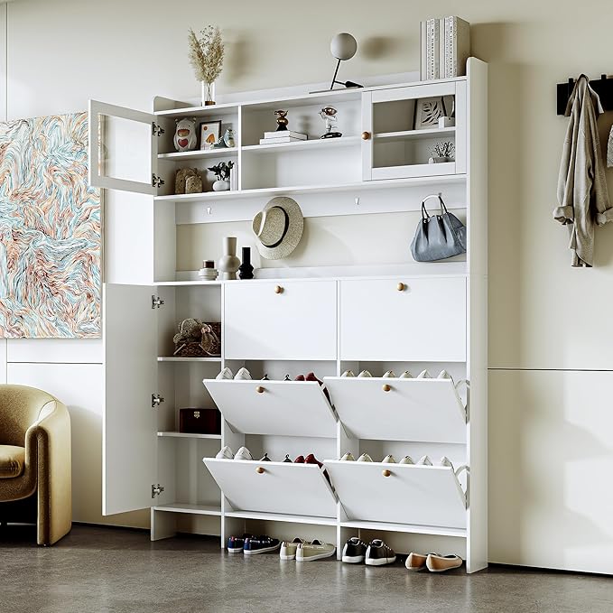 Ball & Cast Tipping Bucket 3-Tier Shoe Cabinet with 6 Flip Drawers and Storage Shelf,Entryway Hall Tree with Tempered Glass Doors and 4 Hooks,for Hallway,Mudroom,Living Room,White-Ruum Studio Home