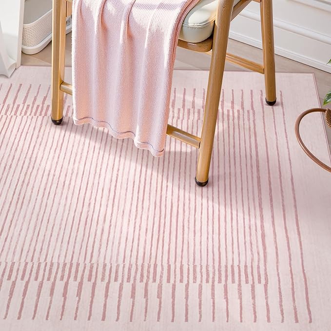 Wonnitar Washable Striped Living Room Area Rug 5x7, Non-Slip Berber Stripe Pink Area Rugs for Bedroom Girls, Low Pile Soft Large Throw Carpet for Kids Nursery Room (Pink,5' x 7')-Ruum Studio Home