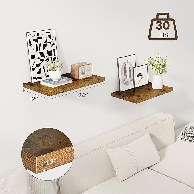 24" Floating Shelves for Wall, 12" Deep Slim Rustic Brown Floating Shelves, Wall-Mounted Shelves for Bedroom, Living Room, Kitchen, Bathroom - Set of 2-Ruum Studio Home
