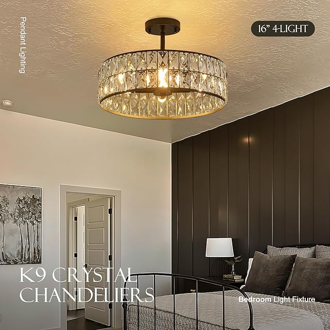 16” 4-Light Modern Crystal Chandeliers Black Dinning Room Light Fixture with Two Rods, Round Pendant Light Kitchen Island Chandelier, Flush Mount Ceiling Light for Living Room Entryway-Ruum Studio Home