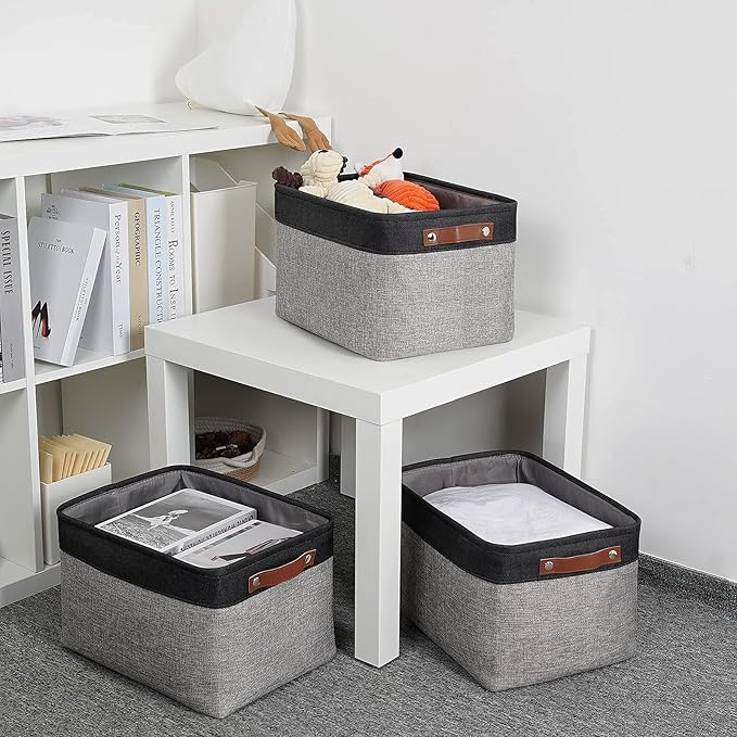DULLEMELO Fabric Baskets for Storage, Rectangular Fabric Storage Bins Collapsible, Perfect for Shelves, Closets, Nursery, Empty Gift Baskets (3-Pack Medium-15 inch X 11 inch X 9.5 inch , Black&Grey)-Ruum Studio Home