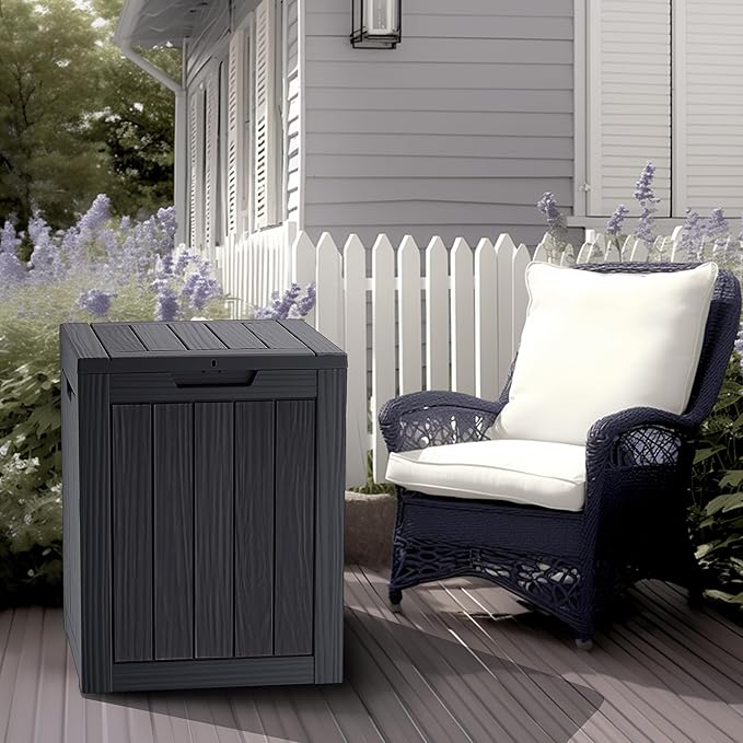 28 Gallon Double-Wall Resin Deck Box - Lockable Waterproof Outdoor Storage Box, 151lbs Capacity & Doubles as Seating for Patio Furniture - Garden Tools, Pool Accessories (Black)-Ruum Studio Home