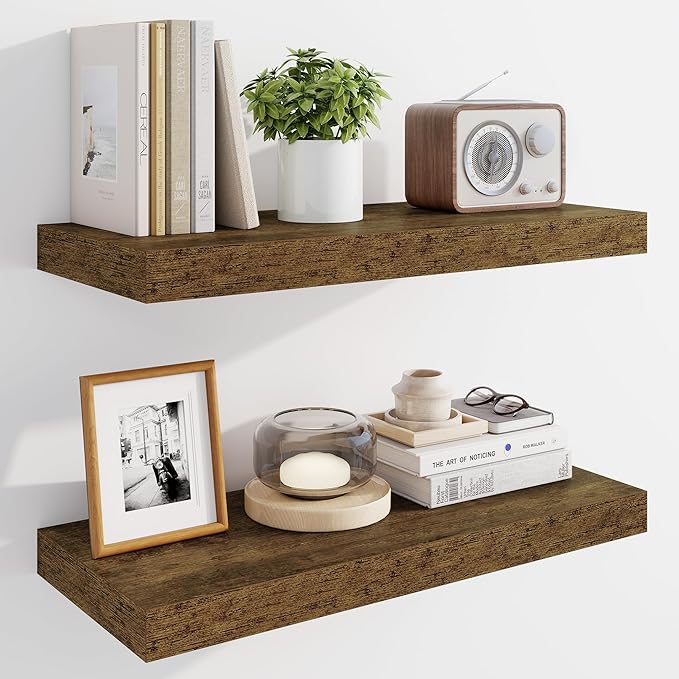 Marsmiles 24" Floating Shelves for Wall, Wooden Shelves with Invisible Brackets Set of 2, Rustic Farmhouse Wall Mounted Shelf for Kitchen Bathroom Living Room Study, Rustic Brown-Ruum Studio Home