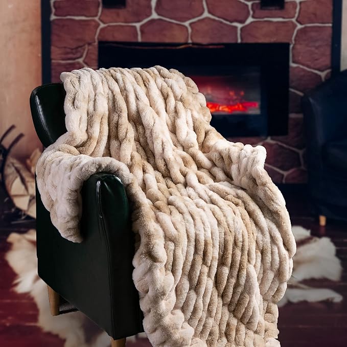 BATTILO HOME Ruched Luxurious Soft Beige Faux Fur Throw Blanket Fuzzy Plush Elegant with Reversible Mink Blanket for Sofa,Chair, Couch, Living Room, Home Decorative Blanket Tie dye (Beige, 50"x60")-Ruum Studio Home