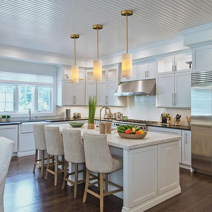 Alabaster Pendant Light Kitchen Island, H-9.5in Brass Pendant Light Fixtures with Natural Marble Shade, Adjustable Ceiling Pendant for Dining Room, Living Room, Bedroom & Bathroom-Ruum Studio Home