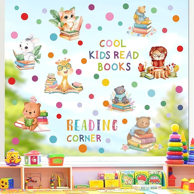 Reading Corner Decor,Reading Books Wall Decals,Learning Study Wall Stickers,Cartoon Animals Window Decals,Giraffe Bear Rabbit Read Books Stickers for Toddler Nursery Bedroom Classroom School-Ruum Studio Home