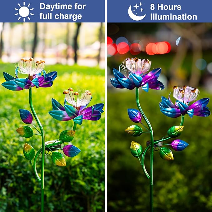 Solar Wind Spinners Blue Twin Flowers for Yard and Garden, Solar Windmill Garden Whirligig Kinetic Spinners Decor for Lawn, Patio, Yard, Metal Wind Outdoor Sculpture-Ruum Studio Home