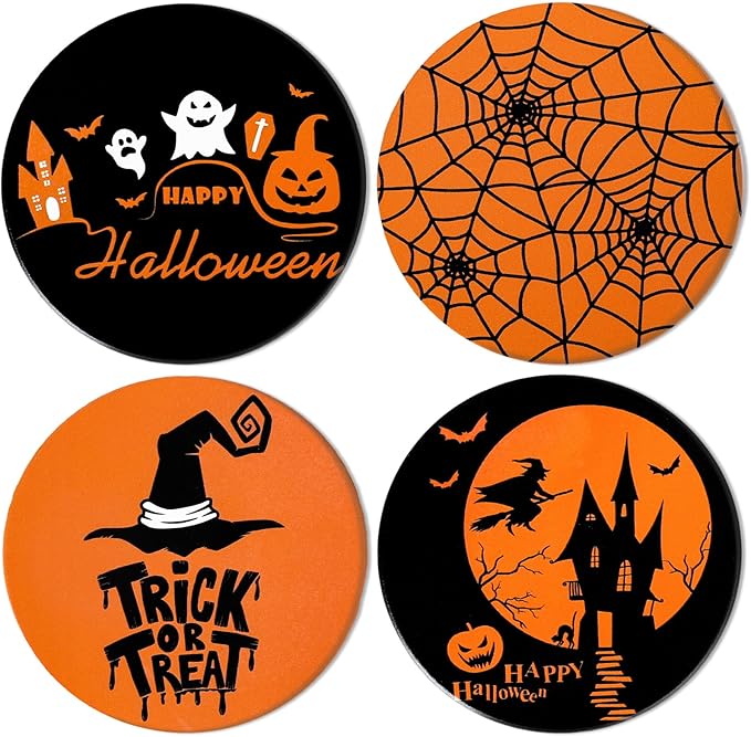 4Pcs Halloween Coasters Orange Black Round Ceramic Coaster Trick or Treat Heat-Resistant Cup Mats for Wooden Table Protection Home Party Supplies-Ruum Studio Home