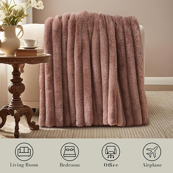 Amélie Home Faux Fur Throw Blanket for Couch, Ultra Cozy Fuzzy Fluffy Fur Luxurious Soft Striped Plush Gift Blankets for Family Sofa Chair Bed Living Room Bedroom, 55"x70", Ionic Fox Brown-Ruum Studio Home