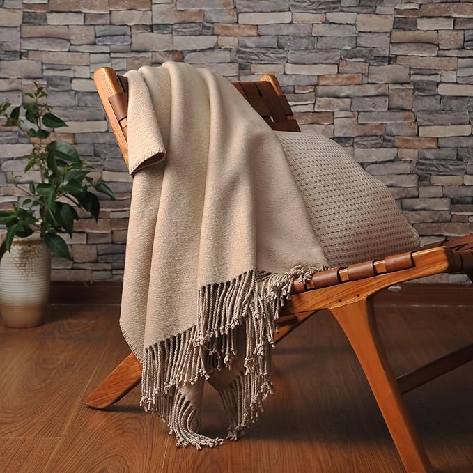CUDDLE DREAMS Silk Throw Blanket with Hand-Knotted Fringe, Natural, Soft & Breathable (Taupe)-Ruum Studio Home