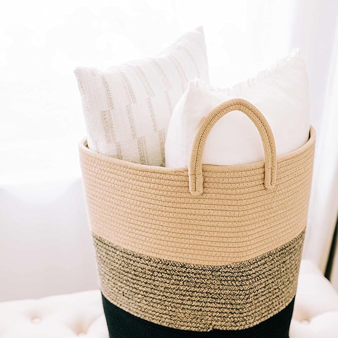 OrganiHaus Brown Woven Baskets for Storage 15x18, Boho Blanket Basket for Living Room, Toy Basket Storage for Kids, Baby Laundry Hamper, Large Storage Basket for Clothes, Basket for Blankets-Ruum Studio Home
