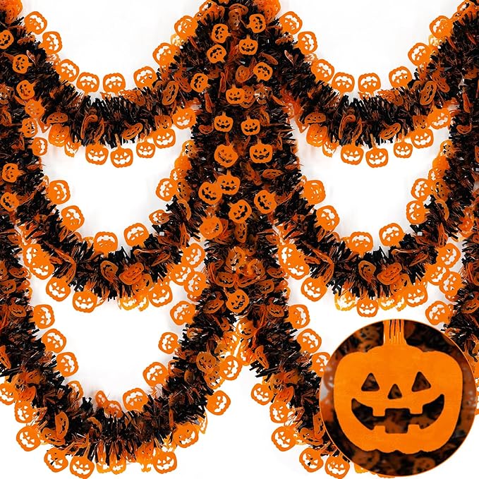 TURNMEON 2 Pack Halloween Garland Total 66 Ft Halloween Tinsel Garland with Black Orange Pumpkin Metallic Twist Black Tinsel Garlands Outdoor Halloweens Decorations Indoor for Home Mantle Door Tree-Ruum Studio Home