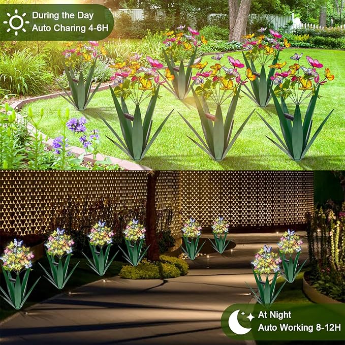 Homight Solar Metal Agave Butterfly Flower Stick Garden Sculpture - Outdoor Christmas Lights With Swaying Butterfly Sunflower - Solar Outdoor Gift (3 PCS Green)-Ruum Studio Home