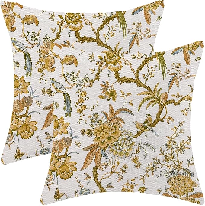 CXMEIFLY Summer Floral Birds Pillow Covers 16 x 16 Inch Set of 2 for Chinoiserie Flowers Spring Decor Throw Pillows Mustard Yellow Plant Outdoor Decorative Cushion Cases for Couch Bed Decorations-Ruum Studio Home