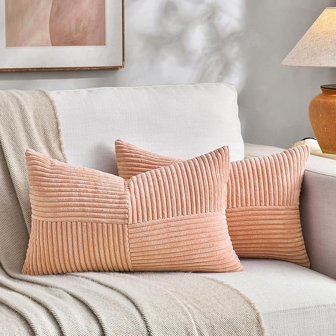Fancy Homi 2 Packs Peach Lumbar Decorative Throw Pillow Covers 12x20 Inch for Living Room Couch Bed Sofa, Rustic Farmhouse Boho Home Decor, Soft Striped Corduroy Rectangle Accent Cushion Case 30x50 cm-Ruum Studio Home