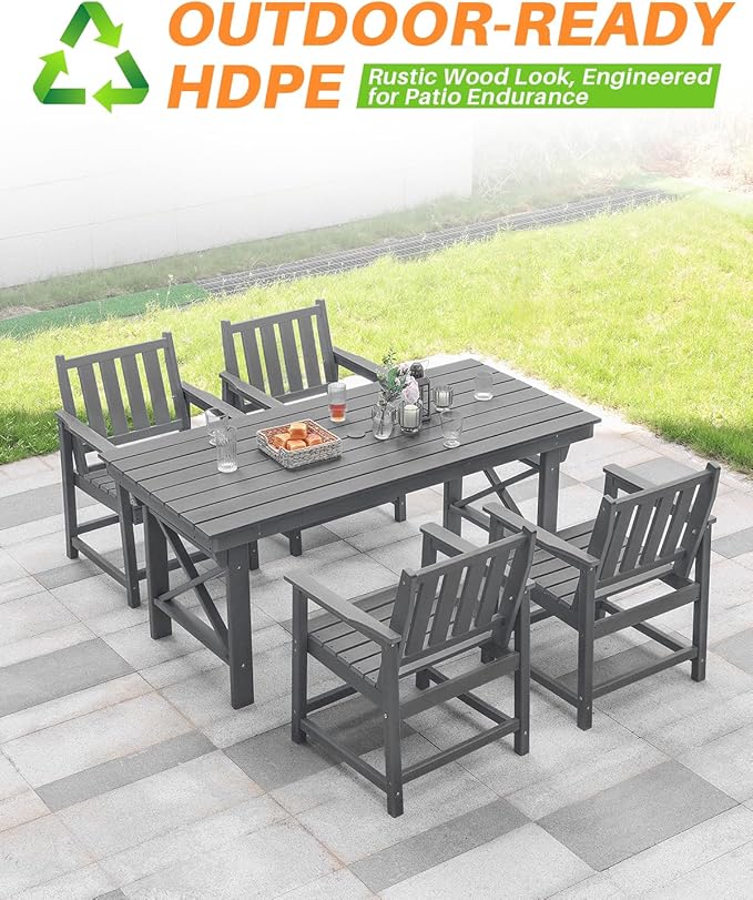 HDPE Patio Dining Set, 5-Piece Outdoor Table and Chairs with Umbrella Hole, Modern Outdoor Dining Set for 4, HDPE Outdoor Patio Furniture Dining Sets for Deck, Poolside, Porch, Smoke Gray-Ruum Studio Home