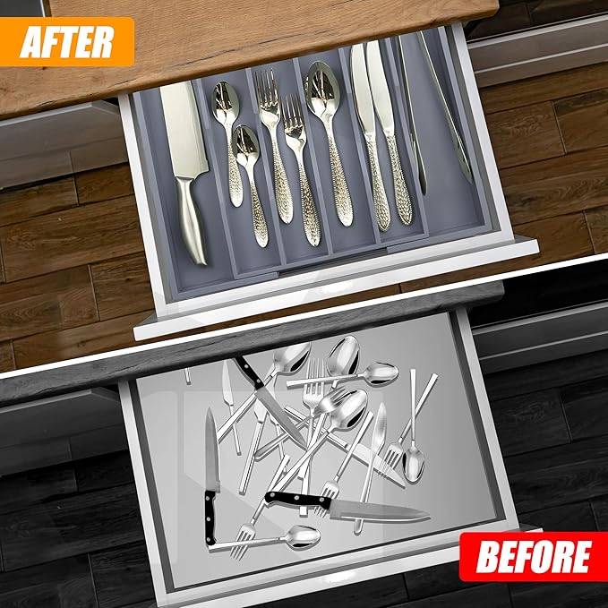 Kitchen Silverware Drawer Organizer and Storage Bamboo Wood Cooking Utensil Holder Cutlery Knife Jewelry Spice Rack Spoon Fork Multi Cabinet Organization Bathroom Counter Expandable Adjustable Tray-Ruum Studio Home