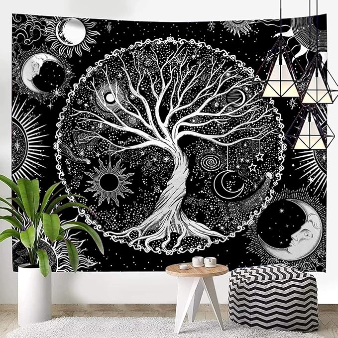 AACKart Tree of Life Tapestry for Bedroom Aesthetic Room Decor-Black and White Spiritual Tree Tapestry Wall Hanging with Sun Moon Star 78.7×59.1 inches-Ruum Studio Home