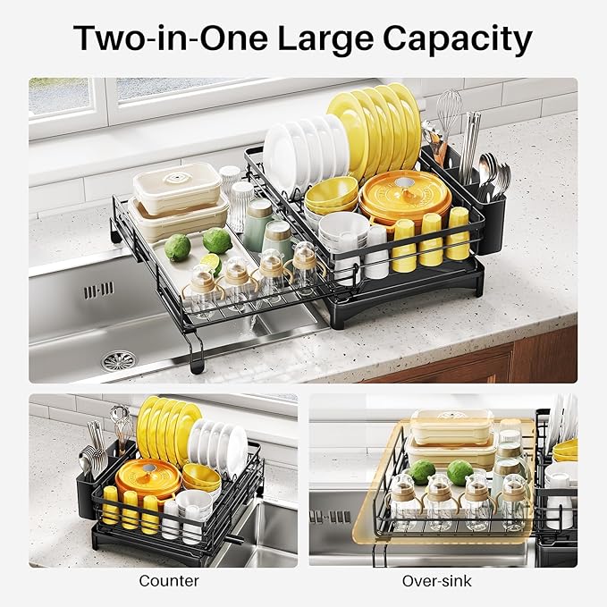 Dish Drying Rack - Extendable Dish Rack, Large Sink Drying Dish Drainer for Kitchen Counter, Stainless Steel Dish Strainer with Utensil Holder (Black)-Ruum Studio Home