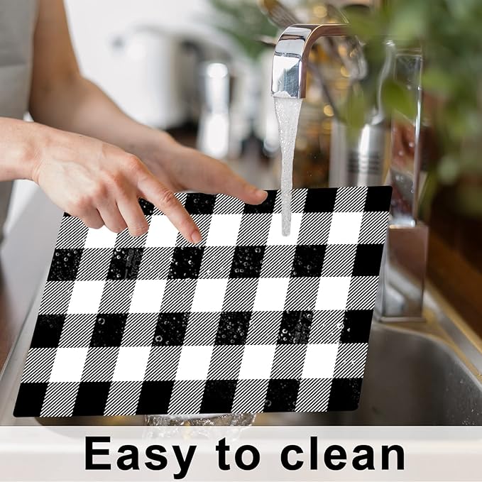 Black and White Plastic Placemats Set of 6 Check Plaid Table Mats Black Buffalo Plaid Place Mats Wipe Clean Washable Table Placemats for Indoor Outdoor Heat Resistant Kitchen Dining Table-Ruum Studio Home