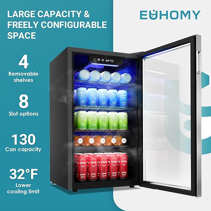 EUHOMY Beverage Refrigerator Cooler, 130 Can Mini Fridge with Glass Door for Soda Beer or Wine, Beverage Cooler for Home, Office, Bar with Adjustable Removable Shelves, Silver-Ruum Studio Home