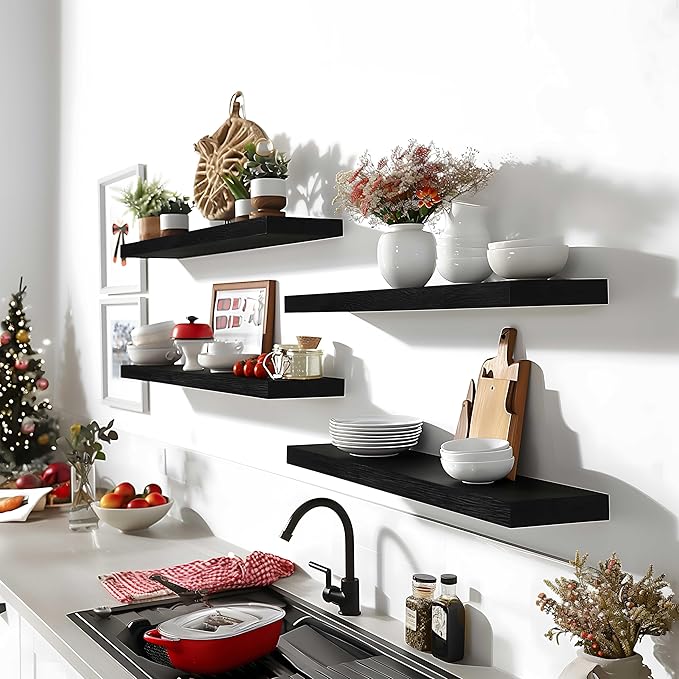 24 Inch Floating Shelves for Wall Rustic Black Wood Wall Shelves for Bedroom Set of 4-Ruum Studio Home