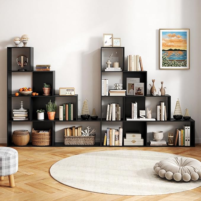 Tangkula 4-Tier Stepped Bookshelf, Freestanding 6 Cubes Ladder Bookcase with Anti-Tipping Kits, 64" Tall Modern Wooden Storage Display Rack for Home Office Living Room Study (2, Black)-Ruum Studio Home