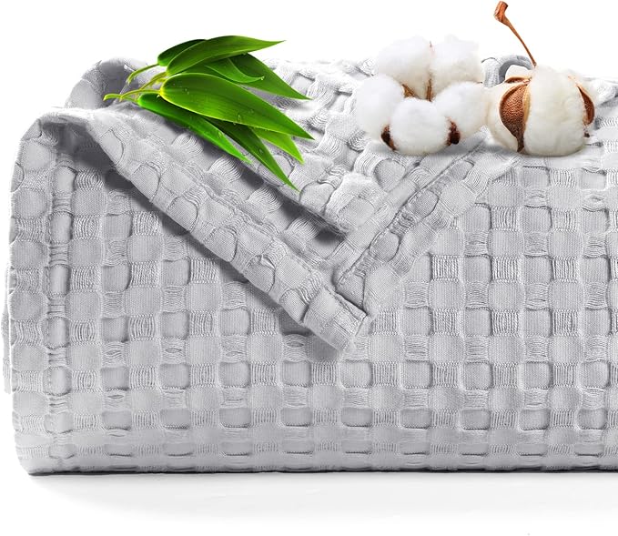 PHF Cooling Waffle Blanket Twin Size, Lightweight 60% Rayon Derived from Bamboo & 40% Cotton Breathable Blanket for Hot Sleepers, Ultra Soft and Luxury for Bed Couch and Sofa, 66"x90", Grey-Ruum Studio Home