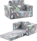 Toddler Chair Kids Couch, 2-in-1 Toddler Soft Sherpa Couch Fold Out Armchair with Removable Cover, Convertible Reading Chair Toddler Sofa for Kids, Glow in The Dark Plush Grey Dinosaur-Ruum Studio Home
