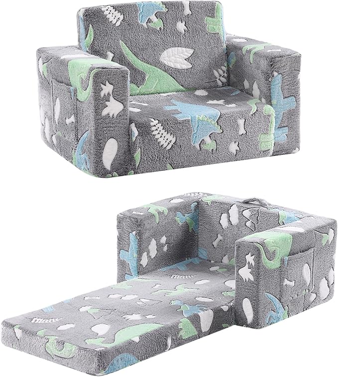 Toddler Chair Kids Couch, 2-in-1 Toddler Soft Sherpa Couch Fold Out Armchair with Removable Cover, Convertible Reading Chair Toddler Sofa for Kids, Glow in The Dark Plush Grey Dinosaur-Ruum Studio Home