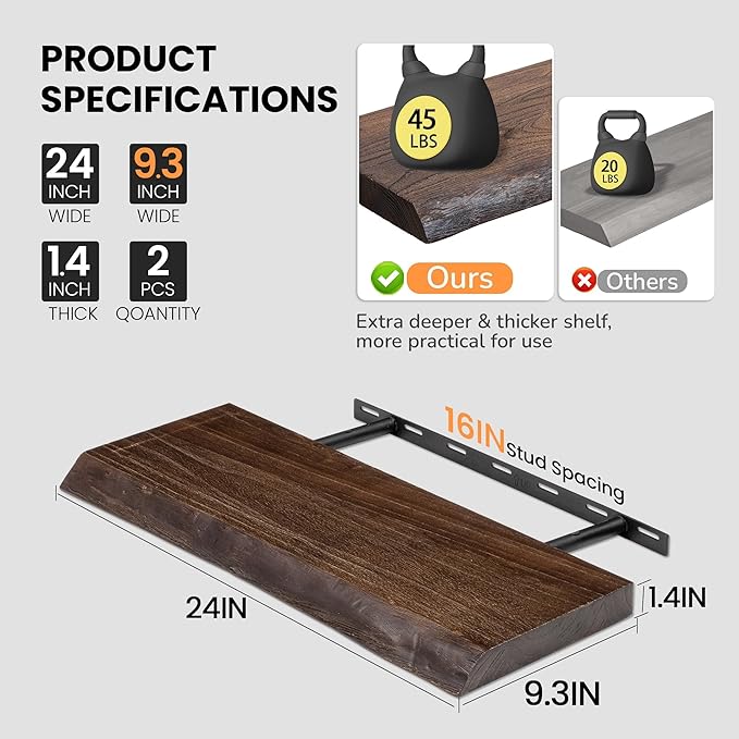 Floating Shelves for Wall, 24"x9.3" Rustic Solid Live-Edge Elm Wood Wall Shelves, Heavy-Duty Floating Shelves with Invisible Brackets, Set of 2 for Living Room, Bedroom, and Kitchen, Walnut Finish-Ruum Studio Home