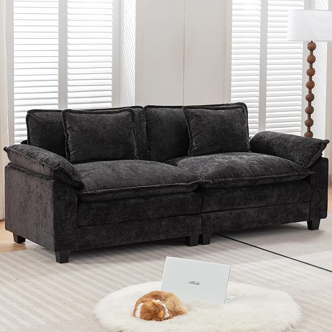 URRED Modular Sectional Sofa Comfy Cloud Couch, Modern Chenille Sofa Sleeper Deep Seat Couches with Ottoman/Pillows for Living Room (Black, 82.6'')-Ruum Studio Home