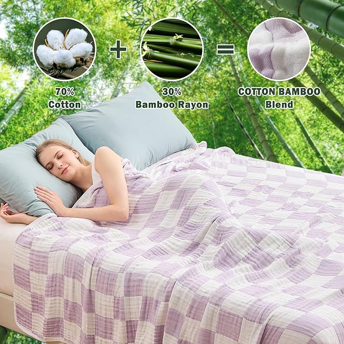 EMME Checkered Cotton Blanket Queen Size for Bed Soft Large Muslin Bed Blankets 80"x90" Lightweight Breathable Cooling All Season, Lavender-Ruum Studio Home