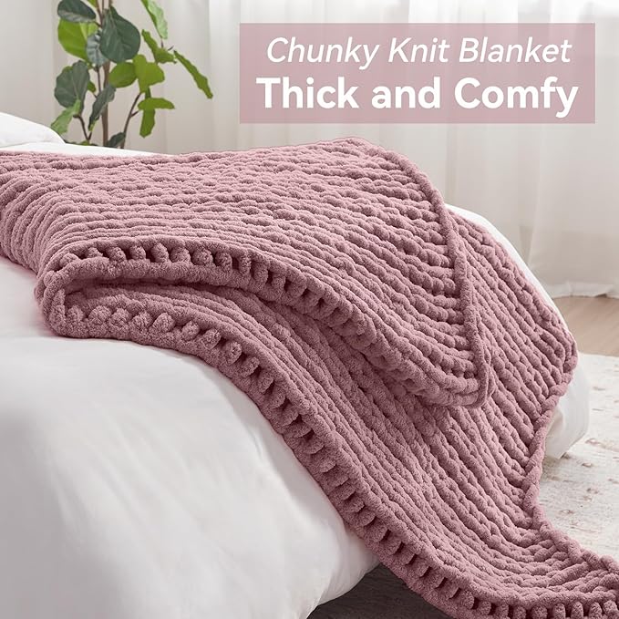 Chunky Knit Throw Blanket, 40''*50'' Knitted Throw Chenille Yarn for Bed Couch, Handmade Muted Pink Crochet Big Thick Blanket, Machine Washable Cute Comfy Blanket for Home Decor-Ruum Studio Home