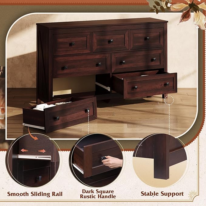 WLIVE Farmhouse Dresser for Bedroom, 51.18'' Wide 7 Drawer Wood Dresser, TV Stand for 65 inch TV, Wooden Chest of Drawers for Bedroom, Modern Clothes Organizer for Living Room, Hallway, Rustic Brown-Ruum Studio Home