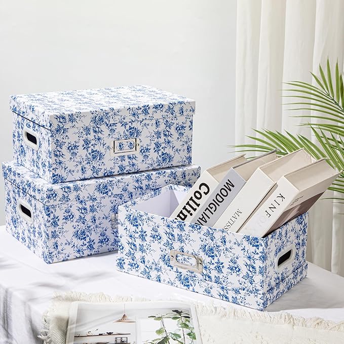 Briful Set of 4 Blue and White Storage Boxes with Lids – Photo Boxes Elegant Floral Nesting Organizer Bins, 14''/13''/12.2''/7.5'' Set Decorative Cardboard Gift Boxes for Home or Office Use-Ruum Studio Home