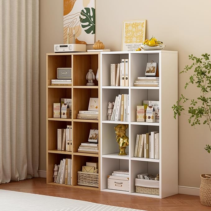 8-Cube Storage Shelf Bookcase - Wooden 4-Tier Floor Standing Open Bookshelf for Home and Office, Display Cabinet, Oak-Ruum Studio Home