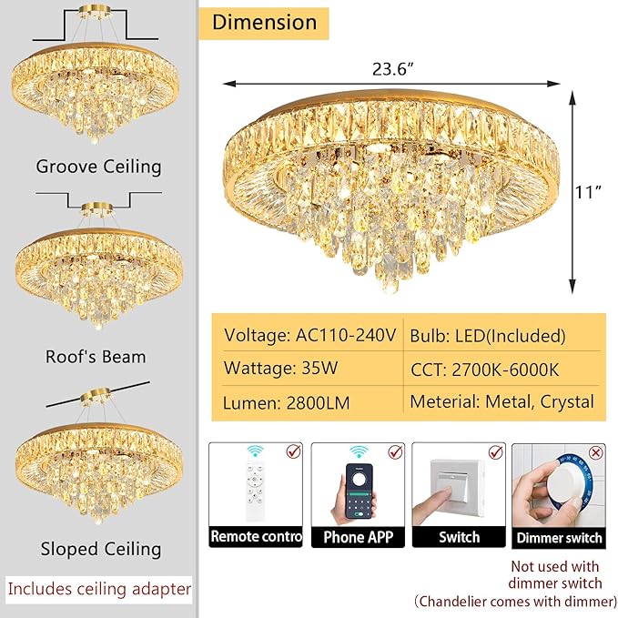 23.6'' Modern Crystal Chandeliers LED Dimmable Flush Mount Ceiling Chandeliers for Living Room Entrance Foyer Bedroom Gold-Ruum Studio Home