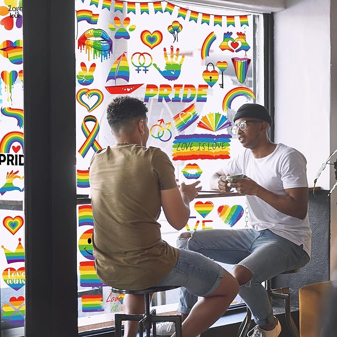 9 Sheets LGBT Rainbow Window Clings, Pride Decorations Window Cling, Gay Love Heart Stickers, Double-Side Pride Wall Clings Decals for Pride Day LGBTQ Rainbow Party Parades Supplies Decor-Ruum Studio Home