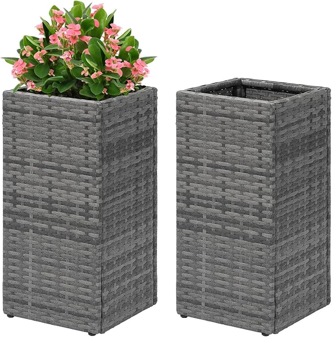 LEWIS&WAYNE Set of 2 Tall Planters for Outdoor Plants Handmade 24'' Wicker Tall Square Planter Box with Removable Liners Modern Planter for Indoor Outdoor Garden Patio Front Porch - Gray-Ruum Studio Home